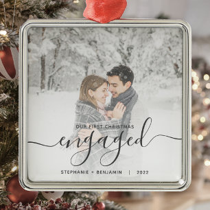 Eerste kerst verloofd aangepaste foto grijs schrif metalen ornament