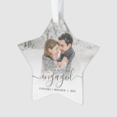 Eerste kerst verloofd aangepaste foto grijs schrif ornament (voorkant)