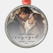 Eerste kerst verloofd aangepaste foto grijs script metalen ornament (Voorkant)