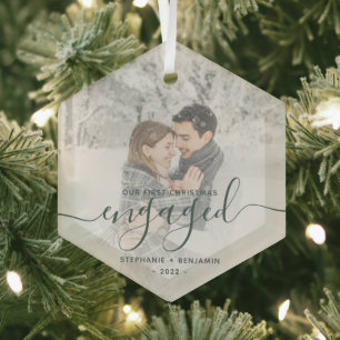 Eerste kerst verloofd aangepaste foto groen schrif glas ornament
