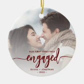 Eerste kerst verloofd aangepaste foto rode script keramisch ornament (Voorkant)