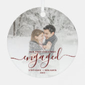 Eerste kerst verloofd aangepaste foto rode script metalen ornament (Achterkant)