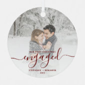 Eerste kerst verloofd aangepaste foto rode script metalen ornament (Voorkant)