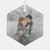 Eerste kerst verloofd aangepaste foto witte script glas ornament (Voorkant)