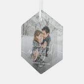 Eerste kerst verloofd aangepaste foto witte script glas ornament (Voorkant links)
