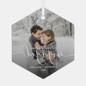Eerste kerst verloofd aangepaste foto witte script glas ornament (Achterkant)