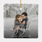 Eerste kerst verloofd aangepaste foto witte script keramisch ornament (Achterkant)