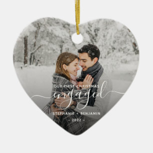 Eerste kerst verloofd aangepaste foto witte script keramisch ornament