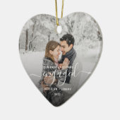 Eerste kerst verloofd aangepaste foto witte script keramisch ornament (Links)