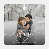 Eerste kerst verloofd aangepaste foto witte script metalen ornament (Voorkant)