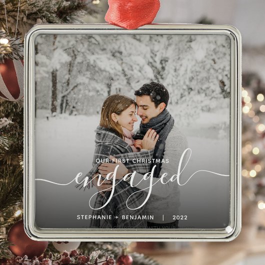 Eerste kerst verloofd aangepaste foto witte script metalen ornament