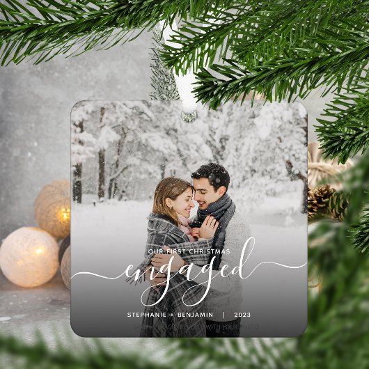 Eerste kerst verloofd aangepaste foto witte script metalen ornament