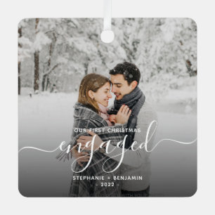Eerste kerst verloofd aangepaste foto witte script metalen ornament