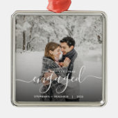 Eerste kerst verloofd aangepaste foto witte script metalen ornament (Voorkant)