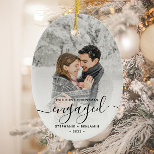 Eerste kerst verloofd aangepaste foto zwarte scrip keramisch ornament