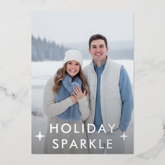 Eerste kerst verloofd foto blauw folie feestdagenkaart (Voorkant)