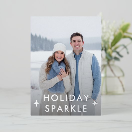 Eerste kerst verloofd foto blauw folie feestdagenkaart (Staand Voorkant)