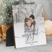 Eerste kerst verloofd foto metaalblauwe script fotoplaat