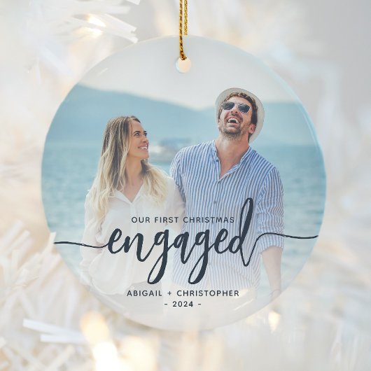 Eerste kerst verloofd foto Navy Blue Script Keramisch Ornament