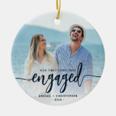 Eerste kerst verloofd foto Navy Blue Script Keramisch Ornament (Voorkant)