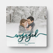 Eerste kerst verloofd foto tealblauw script fotoplaat (Voorkant)
