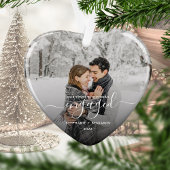 Eerste kerst verloofd foto wit script hart ornament