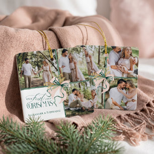 Eerste kerst verloofd groene strik fotocollage keramisch ornament