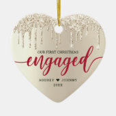 Eerste kerst verloofd ivoor glitter rood script keramisch ornament (Voorkant)