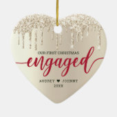 Eerste kerst verloofd ivoor glitter rood script keramisch ornament (Achterkant)