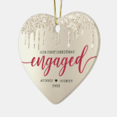 Eerste kerst verloofd ivoor glitter rood script keramisch ornament (Links)