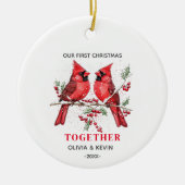 Eerste kerst verloofd met rode kardinalen keramisch ornament (Voorkant)