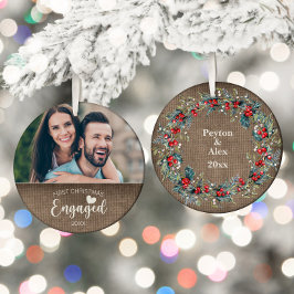 Eerste kerst verloofd Rustieke jute foto Keramisch Ornament