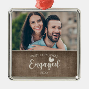 Eerste kerst verloofd Rustieke jute foto Metalen Ornament