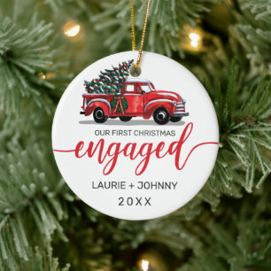 Eerste kerst verloofd vintage rode vrachtwagenmono keramisch ornament