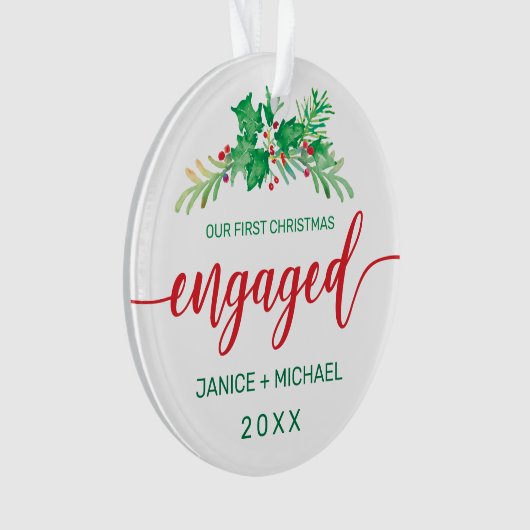 Eerste kerst verloofd Waterverf Holly foto rood Ornament (voorkant)