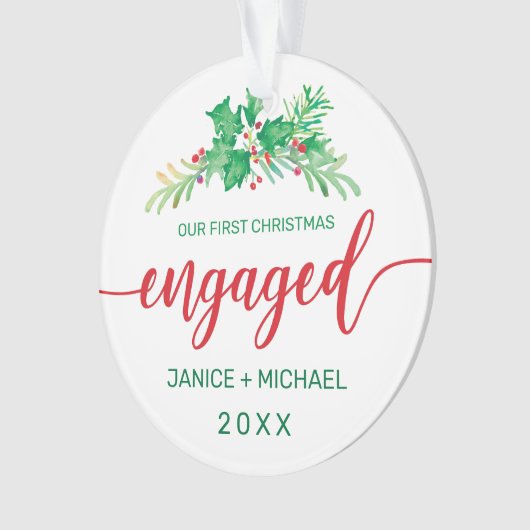 Eerste kerst verloofd Waterverf Holly foto rood Ornament (voorkant)
