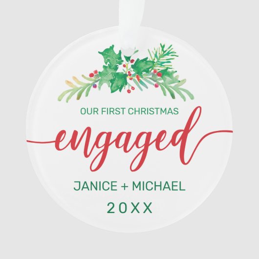 Eerste kerst verloofd Waterverf Holly foto rood Ornament (voorkant)