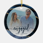 Eerste kerst verloofde foto marine blauw goud agaa keramisch ornament (Voorkant)