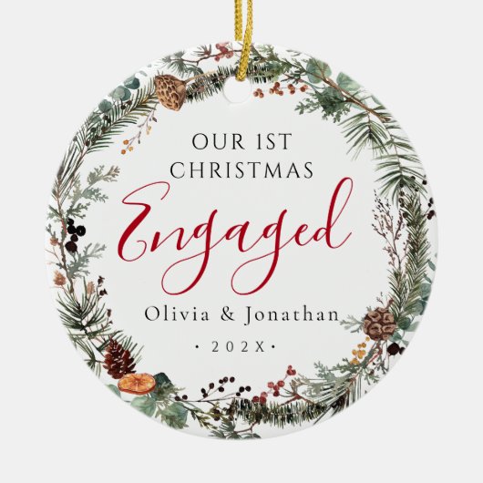 Eerste kerst verloofde groene krans foto keramisch ornament (Voorkant)