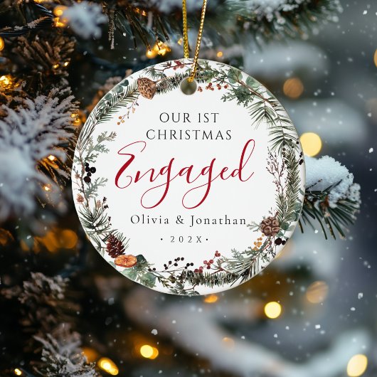 Eerste kerst verloofde groene krans foto keramisch ornament