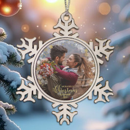 Eerste kerst verloofde krans verguld Verloving Tin Sneeuwvlok Ornament