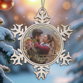 Eerste kerst verloofde krans verguld Verloving Tin Sneeuwvlok Ornament