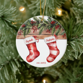 Eerste kerst verloofde naamopslag met foto keramisch ornament