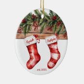 Eerste kerst verloofde naamopslag met foto keramisch ornament (Rechts)