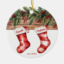 Eerste kerst verloofde naamopslag met foto keramisch ornament