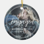 Eerste kerst verloofde script overlay foto keramisch ornament (Voorkant)