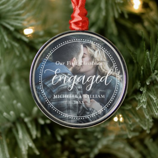 Eerste kerst verloofde script overlay foto metalen ornament (Boom)