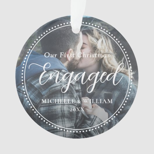 Eerste kerst verloofde script overlay foto ornament (voorkant)