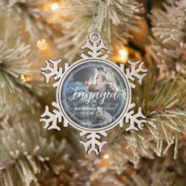 Eerste kerst verloofde script overlay foto tin sneeuwvlok ornament