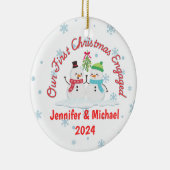 Eerste kerst verloofde sneeuwman gepersonaliseerd keramisch ornament (Rechts)